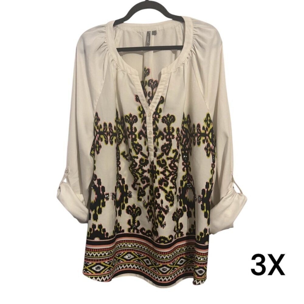 New Directions Cream and Black Patterned Top